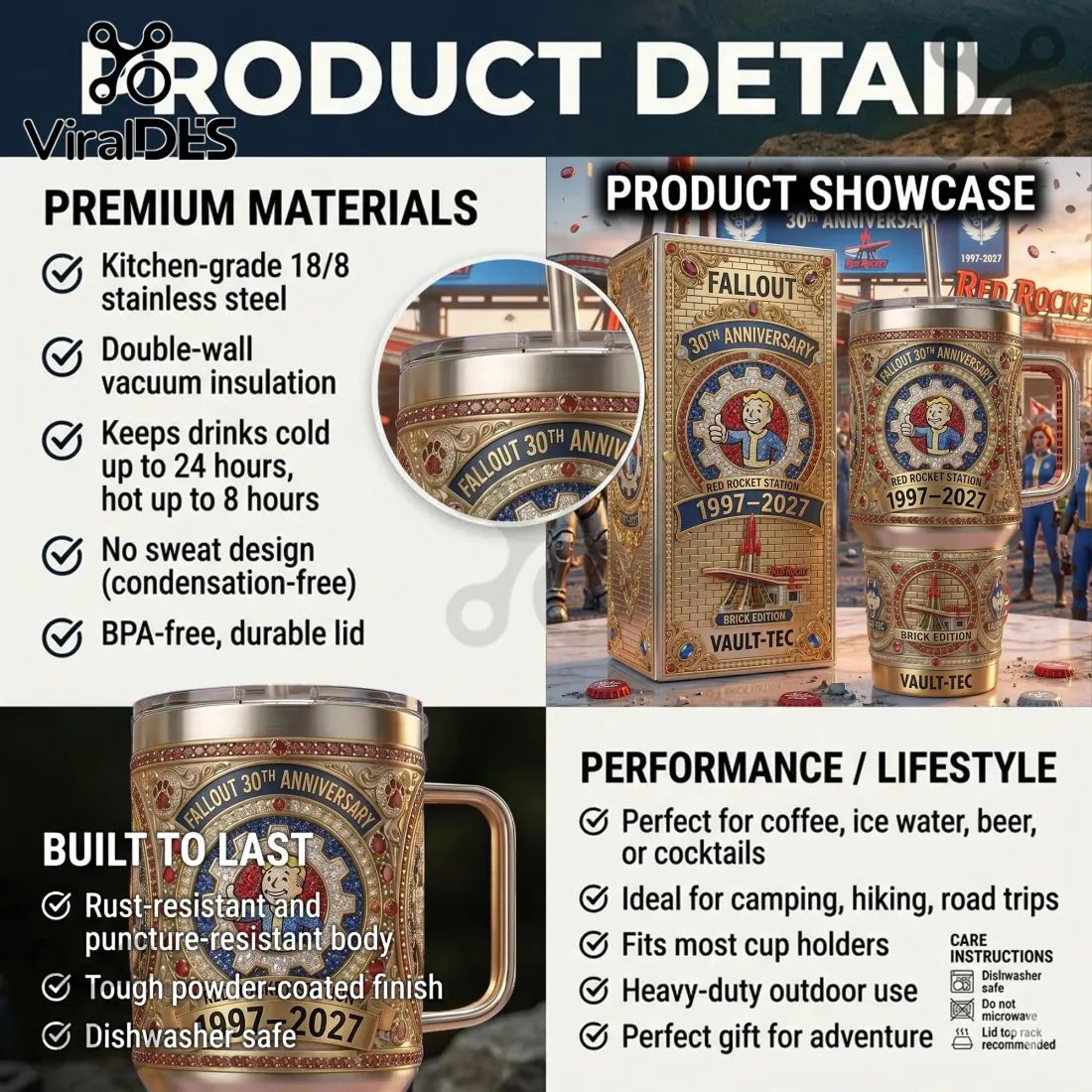 Fallout 30th Anniversary Luxury Gold Vault Boy Red Rocket Station Tumbler