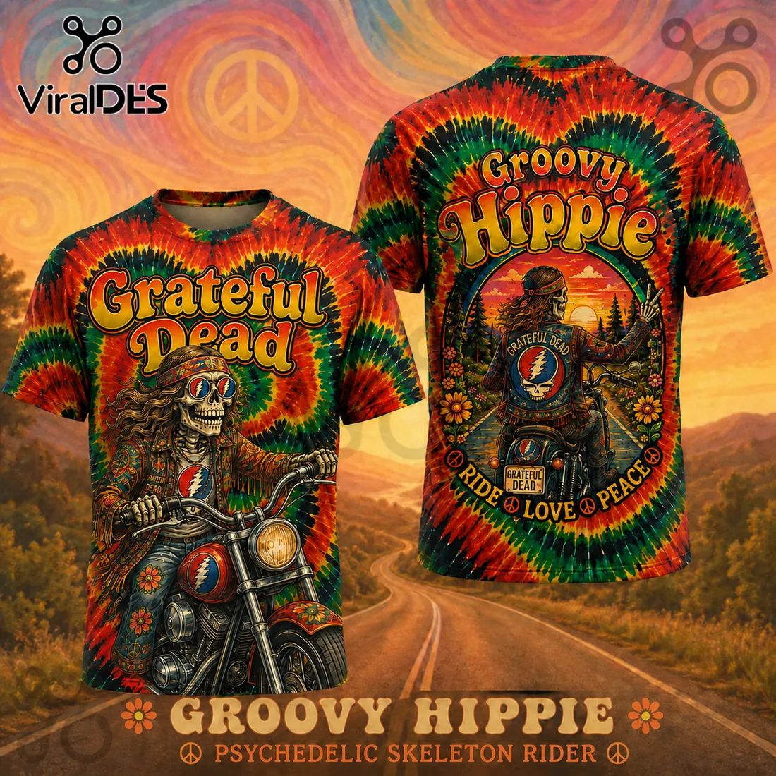 Grateful Dead Psychedelic Skeleton Motorcycle Rider Shirt