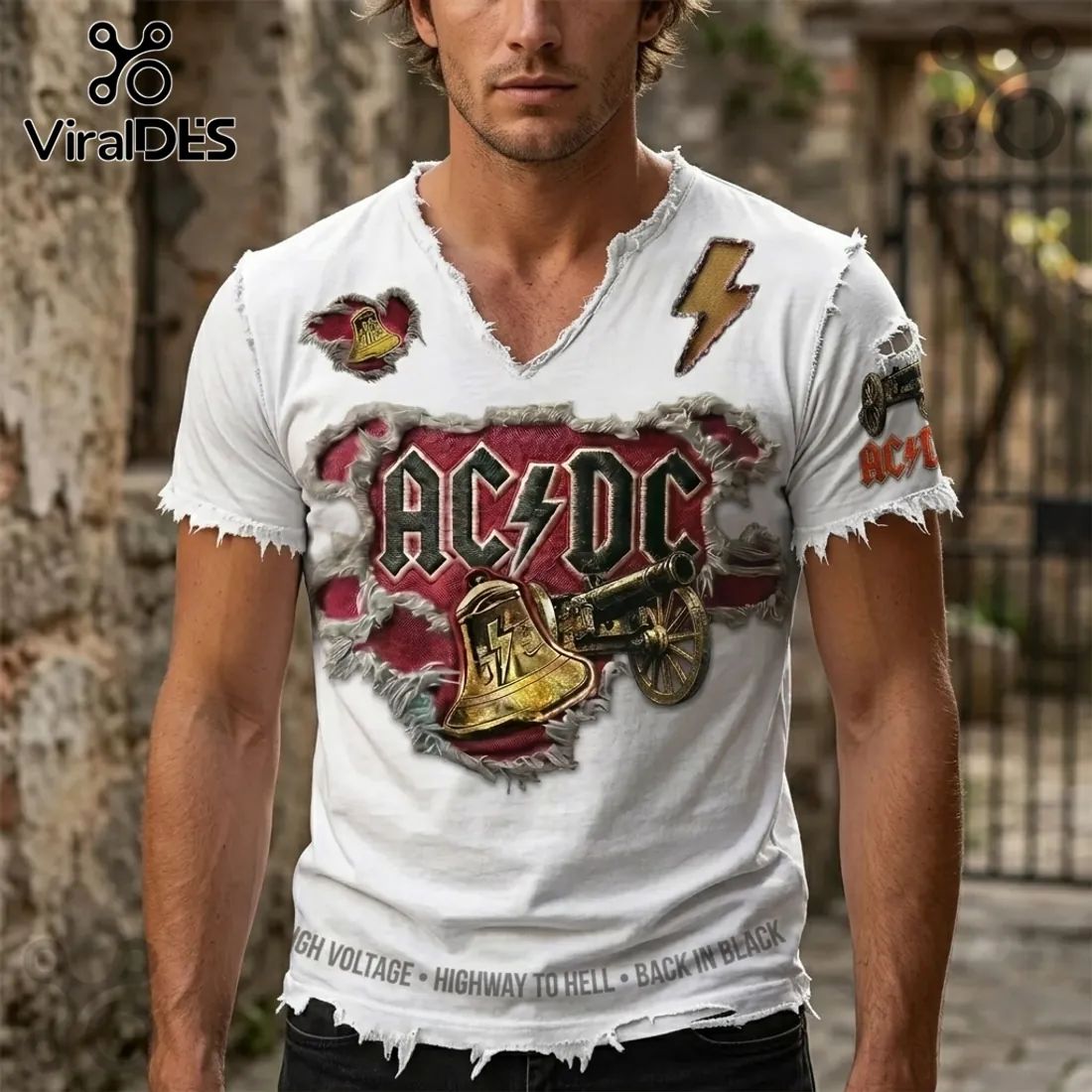 ACDC Distressed White T-Shirt with Bell and Cannon Cotton T-Shirt