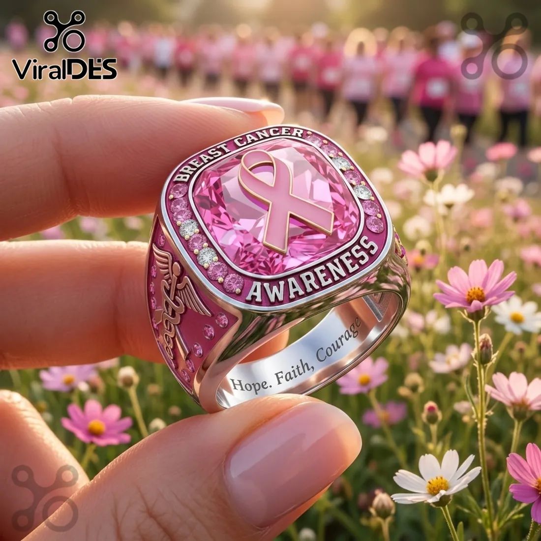 Breast Cancer Awareness Pink Crystal Stainless Steel Ring