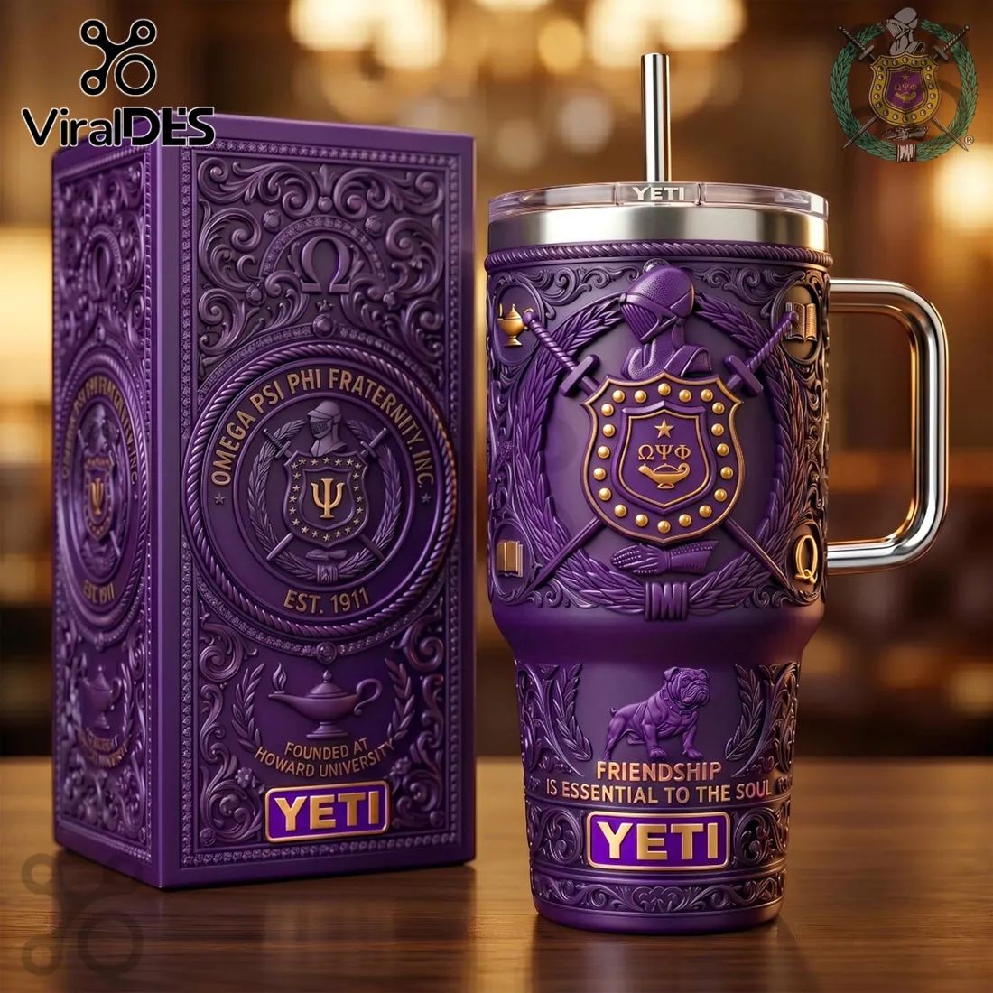 Omega Psi Phi 1911 Fraternity Purple Gold YETI Handle Tumbler