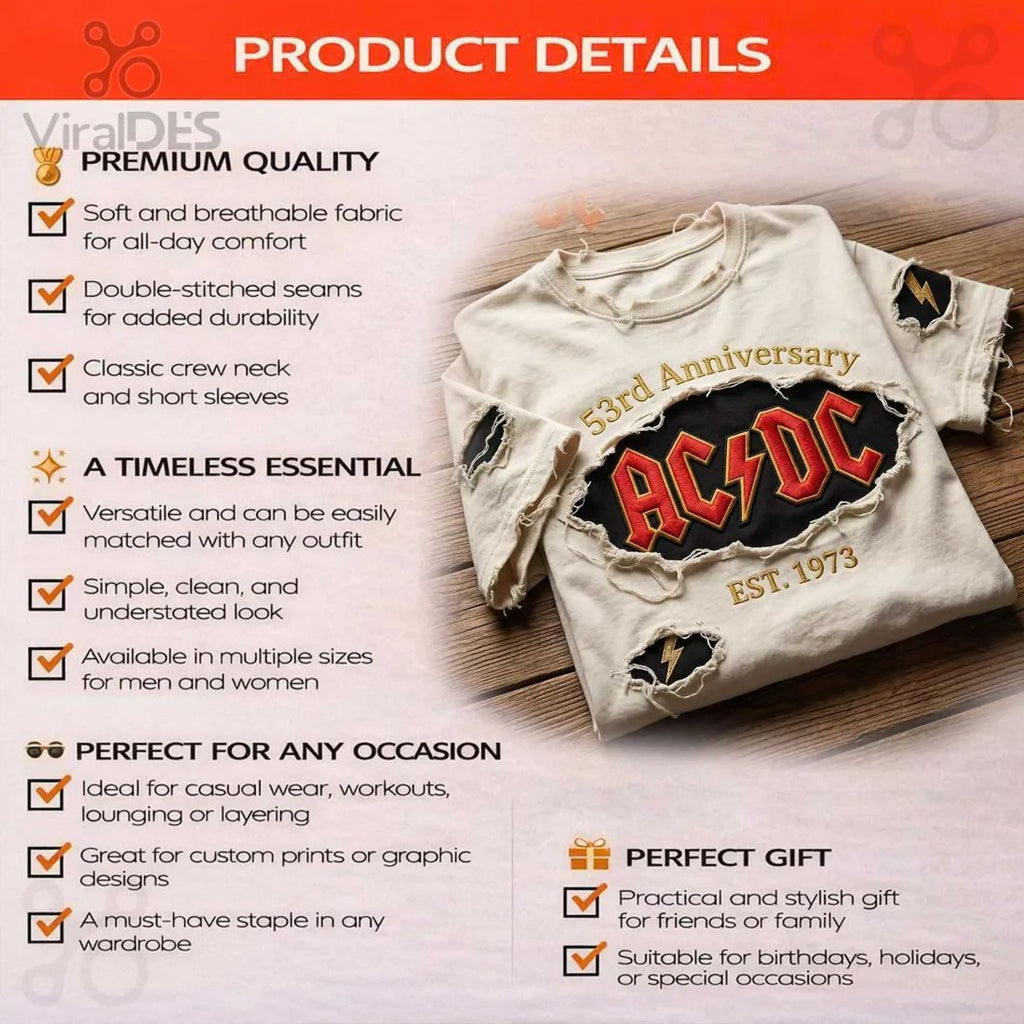 AC/DC 53rd Anniversary Vintage Distressed Embroidered Rock Band T-Shirt