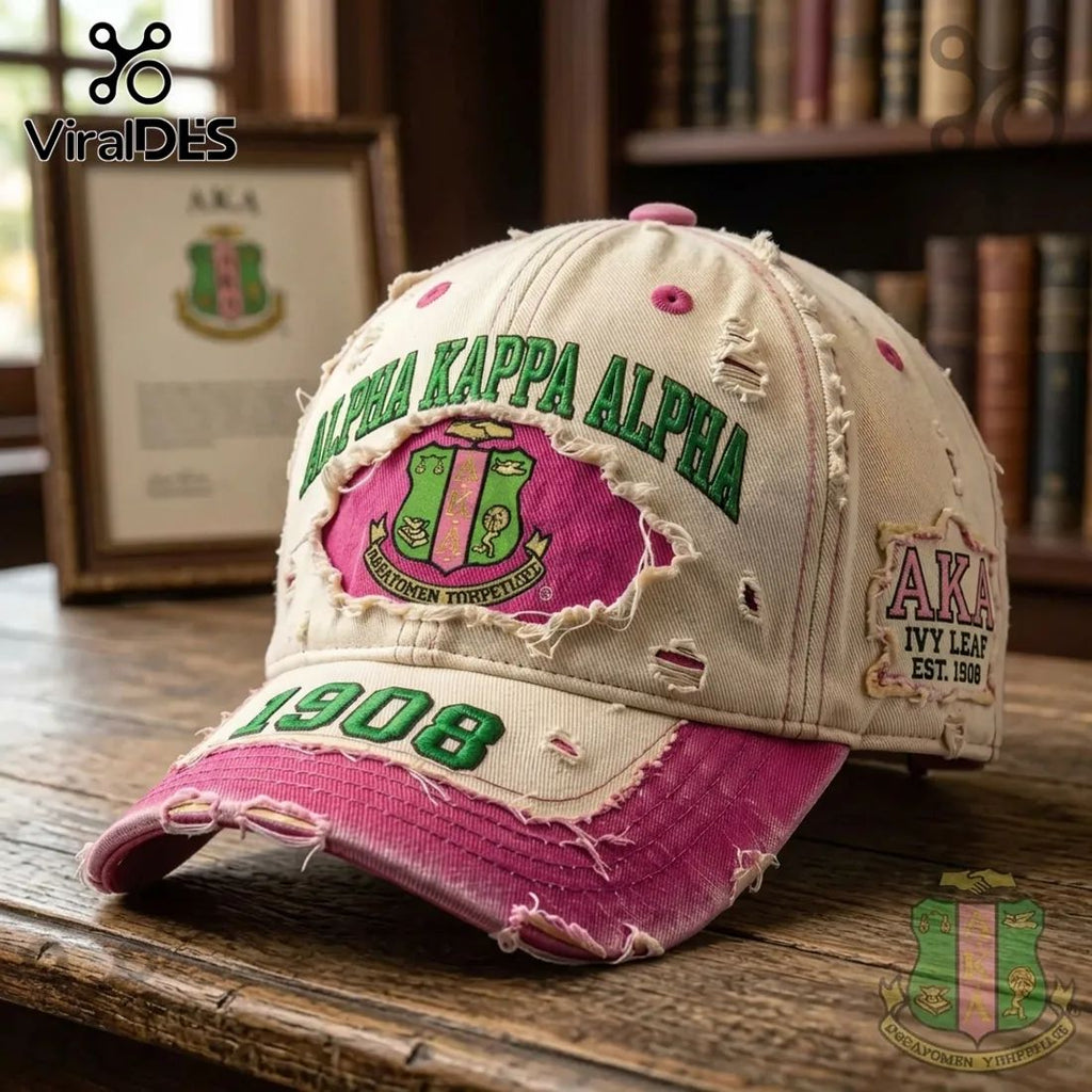 Alpha Kappa Alpha Sorority 1908 Distressed Pink Green Cap