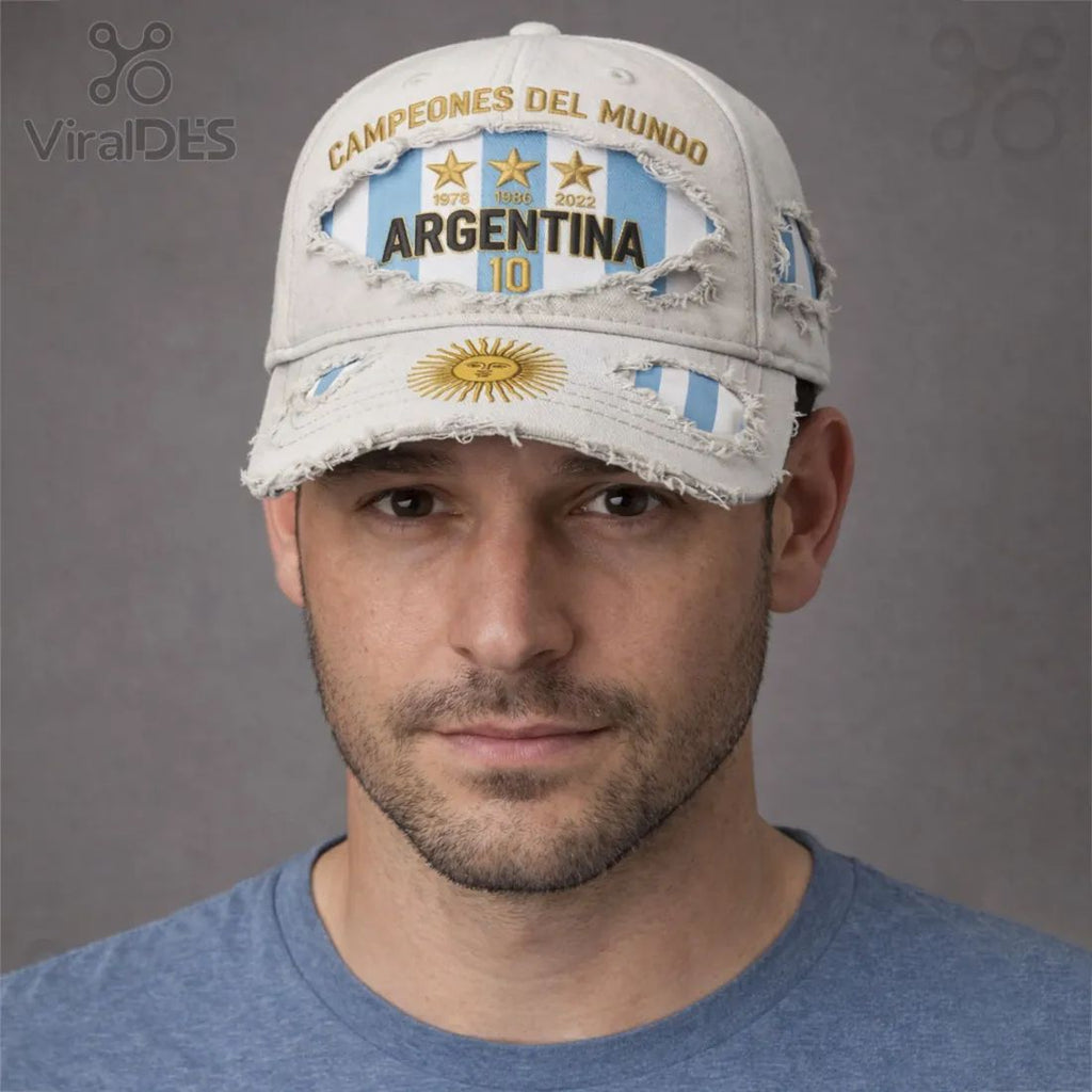 Argentina World Cup Champions 3 Stars Distressed Embroidered Baseball Cap