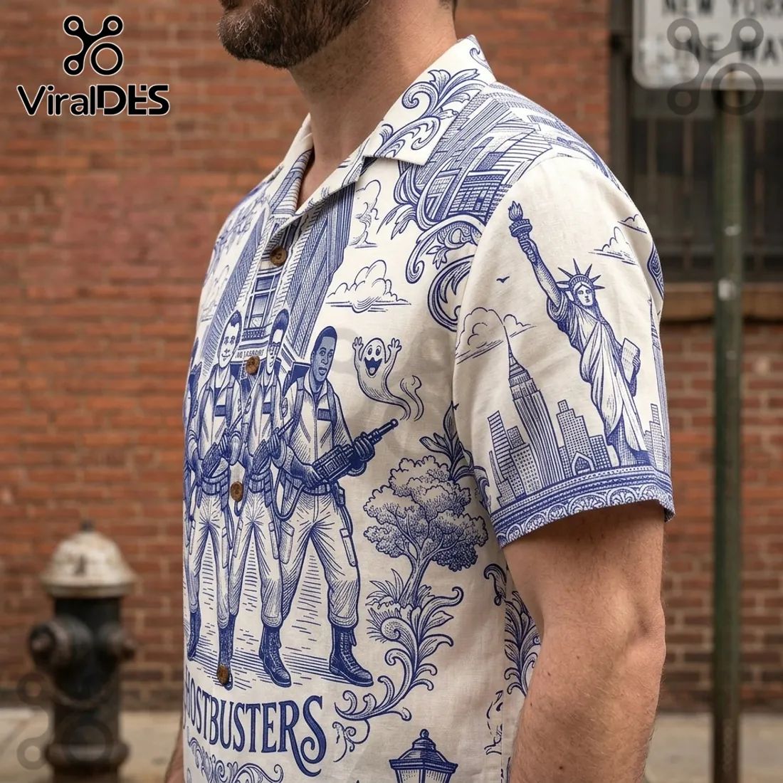 Ghostbusters Toile De Jouy Blue Button Down Shirt