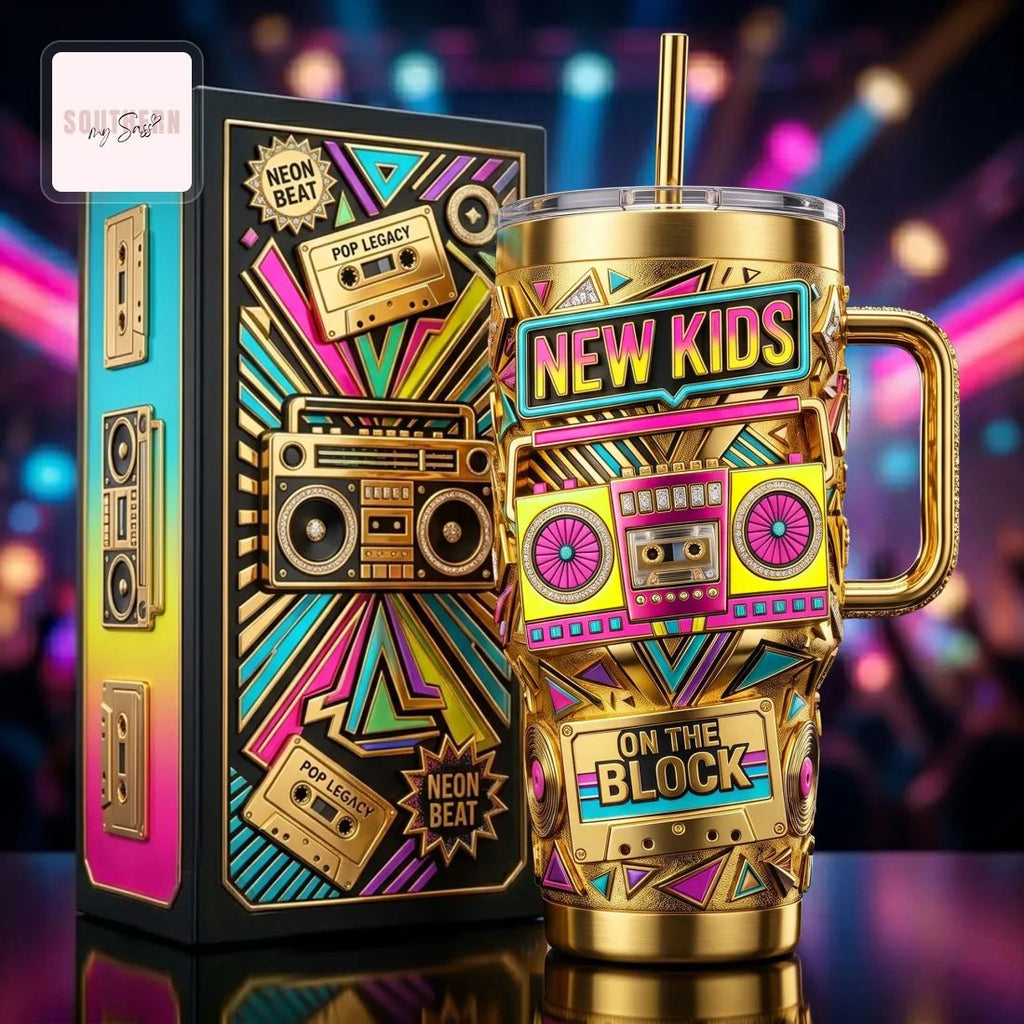 New Kids On The Block 40oz Gold Neon Retro Insulated Tumbler With Handle