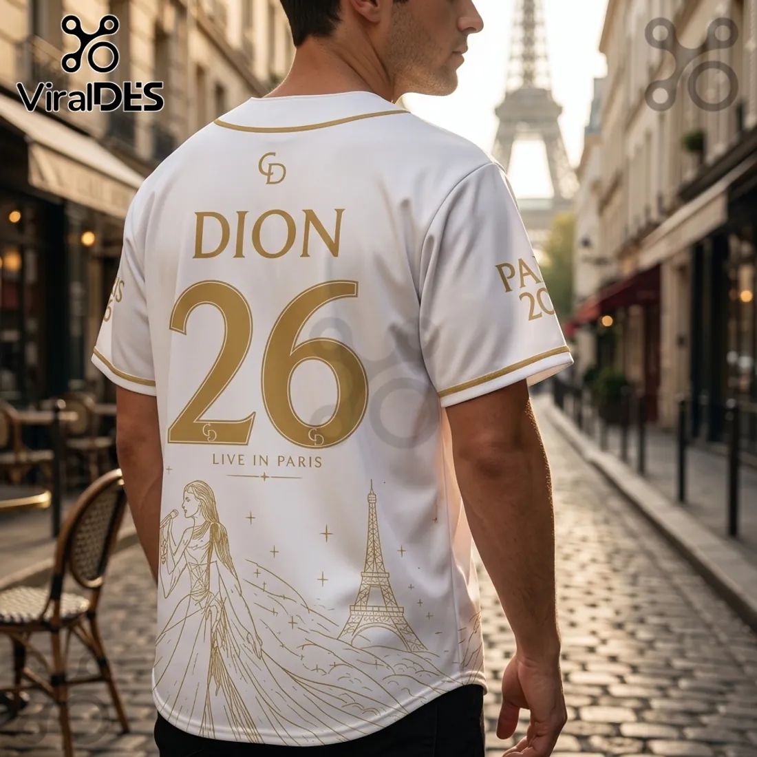 Celine Dion Live in Paris 2026 White Gold Baseball Jersey