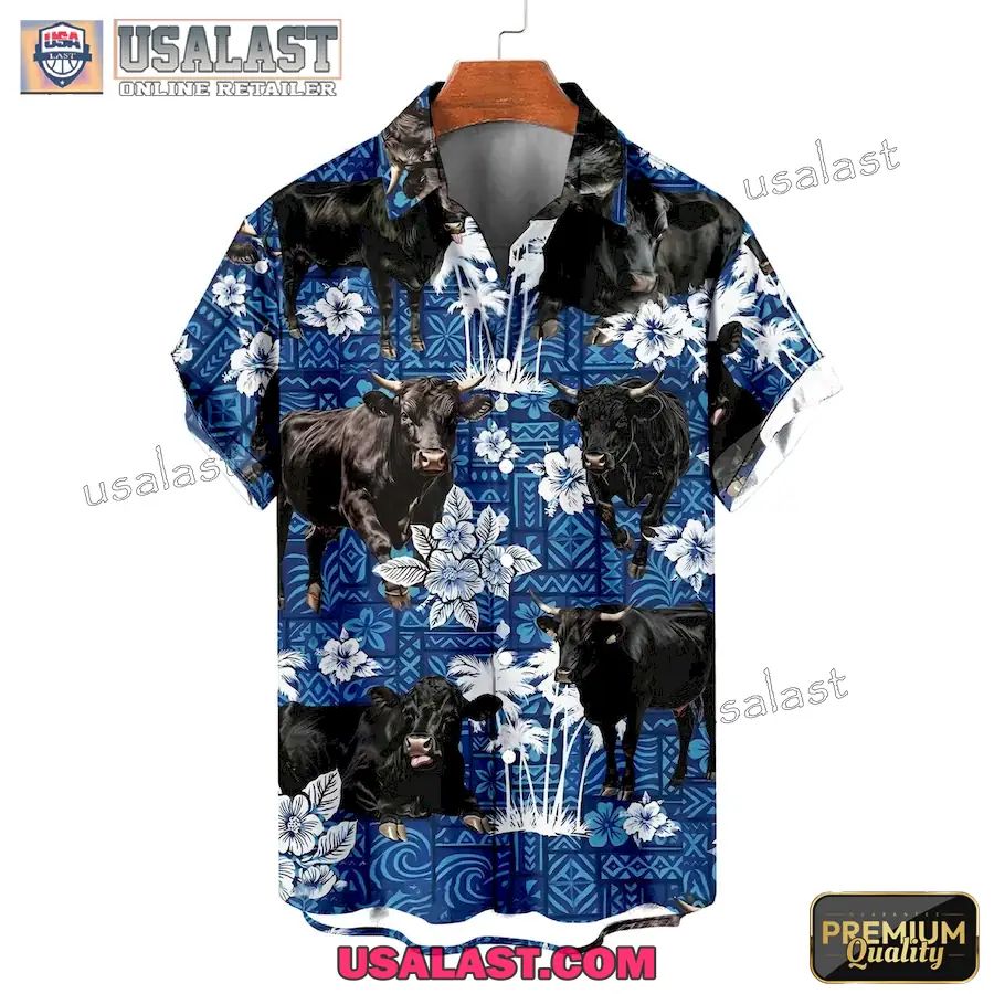 Blue Tribal Tiki Hibiscus Cattle Aloha Hawaiian Shirt