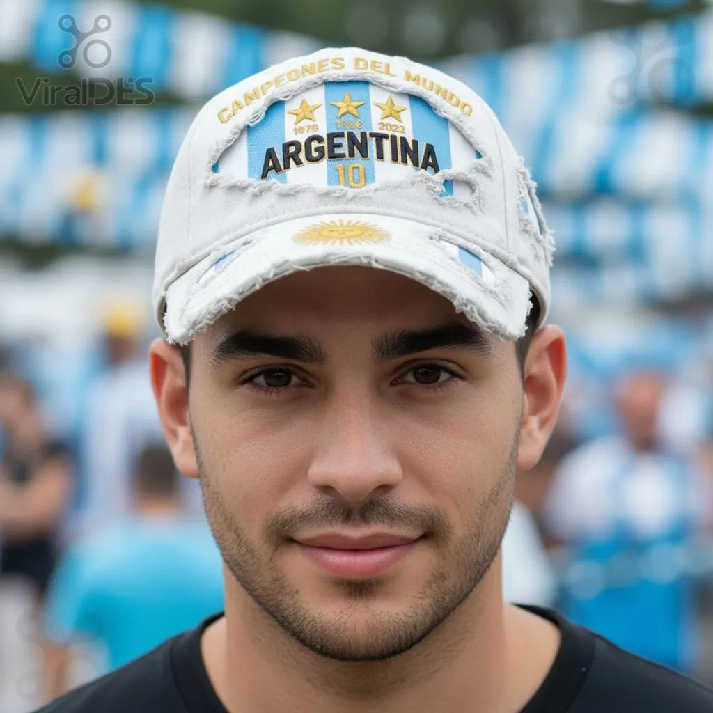 Argentina World Cup Champions 3 Stars Distressed Embroidered Baseball Cap