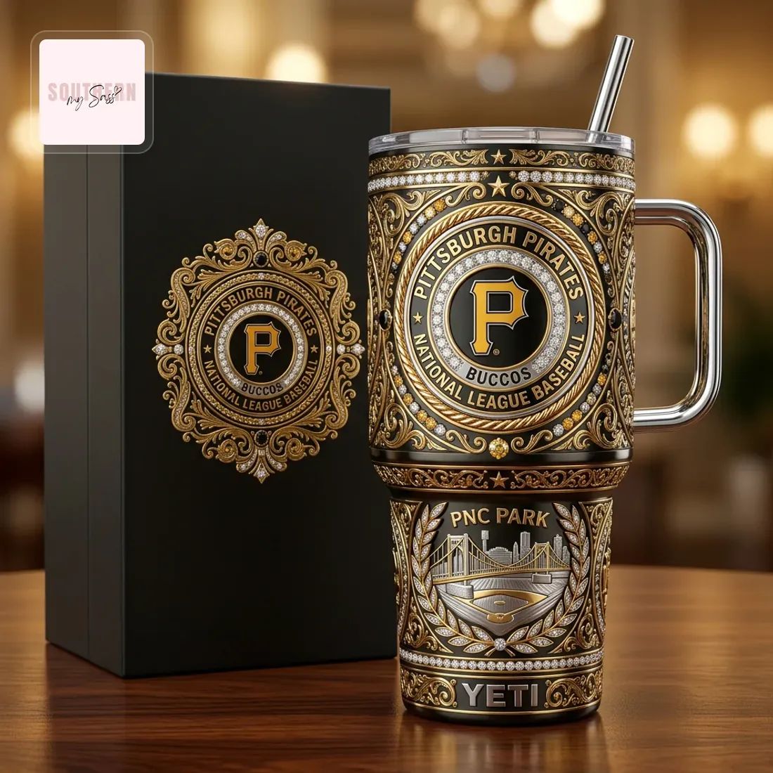 Pittsburgh Pirates Luxury Gold Embellished 40oz YETI Handled Tumbler
