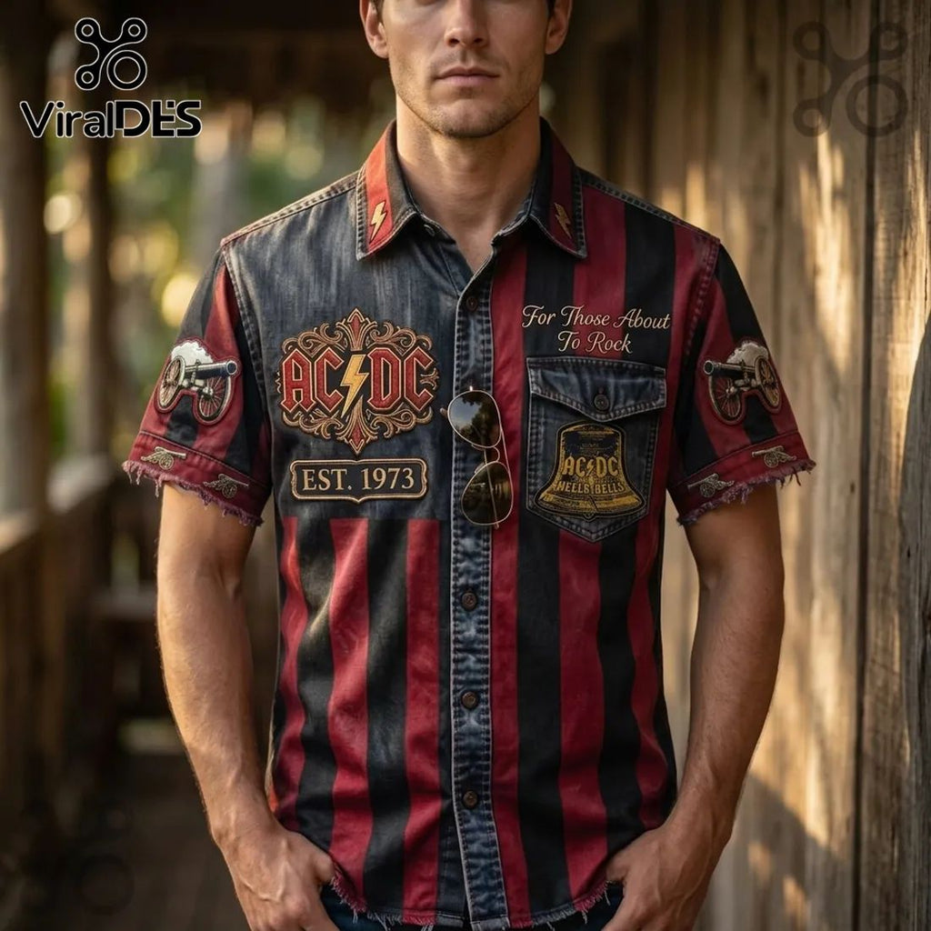 AC/DC Hells Bells For Those About To Rock Striped Hawaiian Shirt