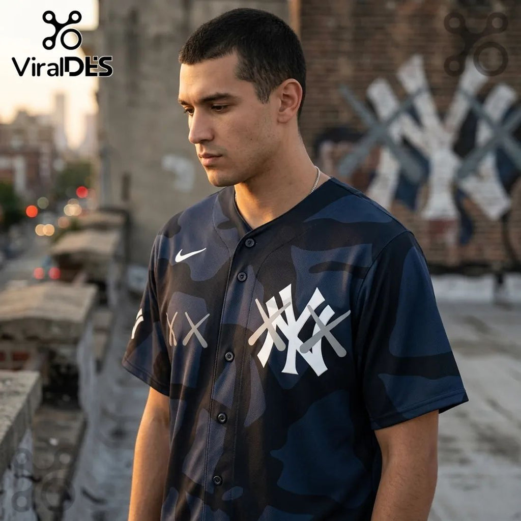 KAWS x New York Yankees Navy Blue Camo Baseball Jersey