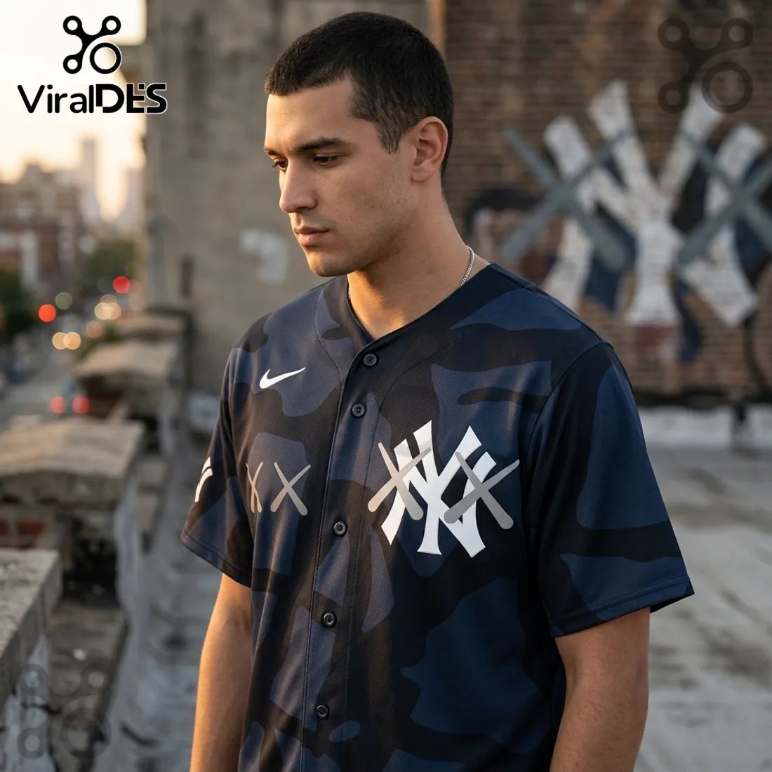 KAWS x New York Yankees Navy Blue Camo Baseball Jersey