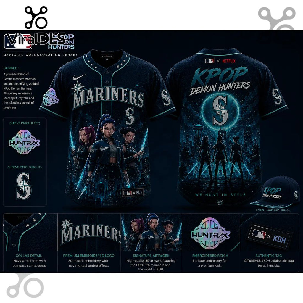 KPop Demon Hunters x Seattle Mariners Navy Baseball Jersey