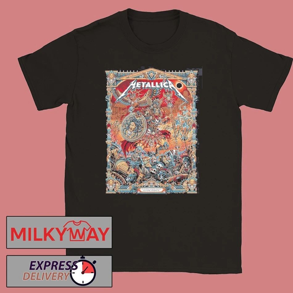Metallica M72 Athens 2026 Pop Up Shop Poster At Greece Olympic Stadium On May 9 2026 The Warrior With Medusa Shield Art By Juan Ma Orozco T-Shirt