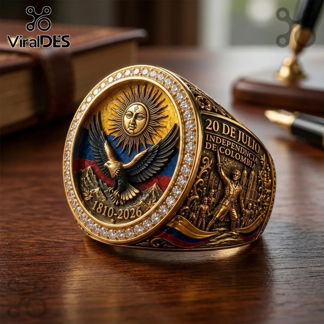 Colombia Independence Day 1810-2026 Commemorative Engraved Gold Collectible Ring