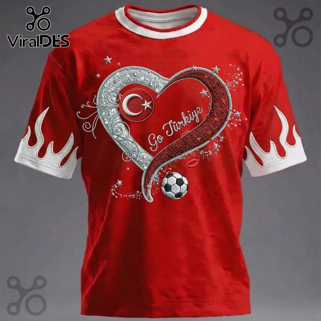 Turkiye Football Fan T-Shirt, Go Turkiye Heart Soccer Ball Flame Design
