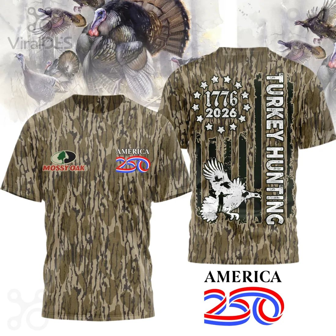 America 250th Anniversary Turkey Hunter Distressed Flag Camouflage T-Shirt