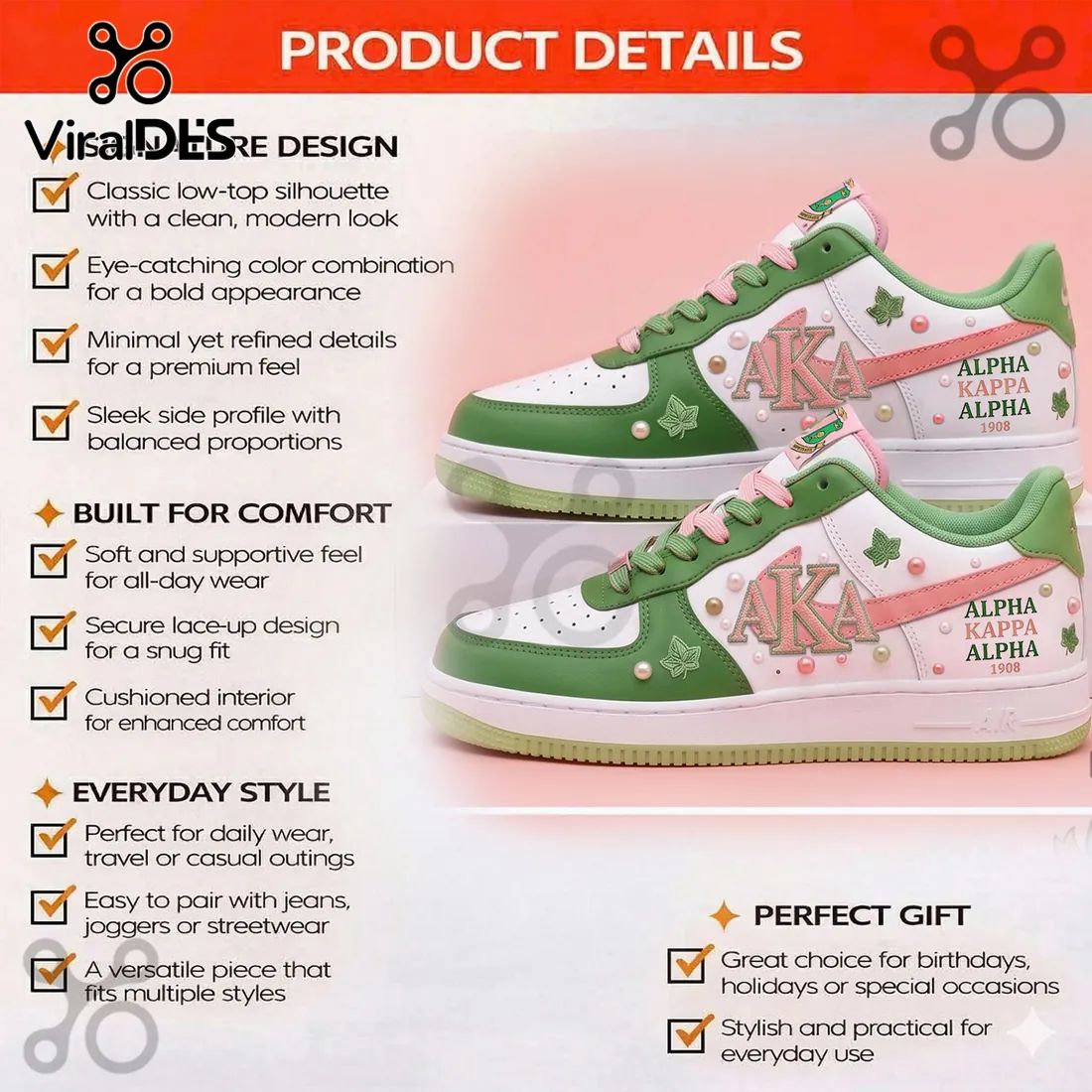 Alpha Kappa Alpha AKA Pink Green Ivy Pearl Custom 1908 Air Force 1