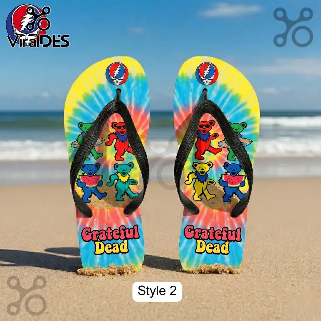 Grateful Dead Psychedelic Surfing Skeleton Beach Flip Flops
