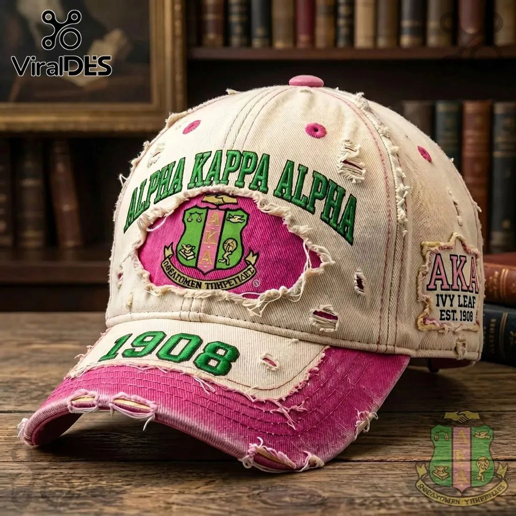 Alpha Kappa Alpha Sorority 1908 Distressed Pink Green Cap