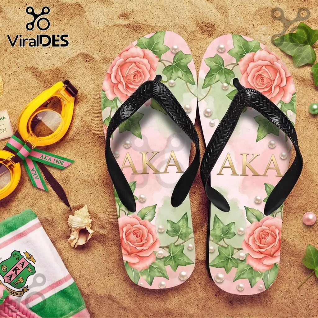 AKA Sorority Pink & Green Rose Ivy Pearl Summer Flip-flops