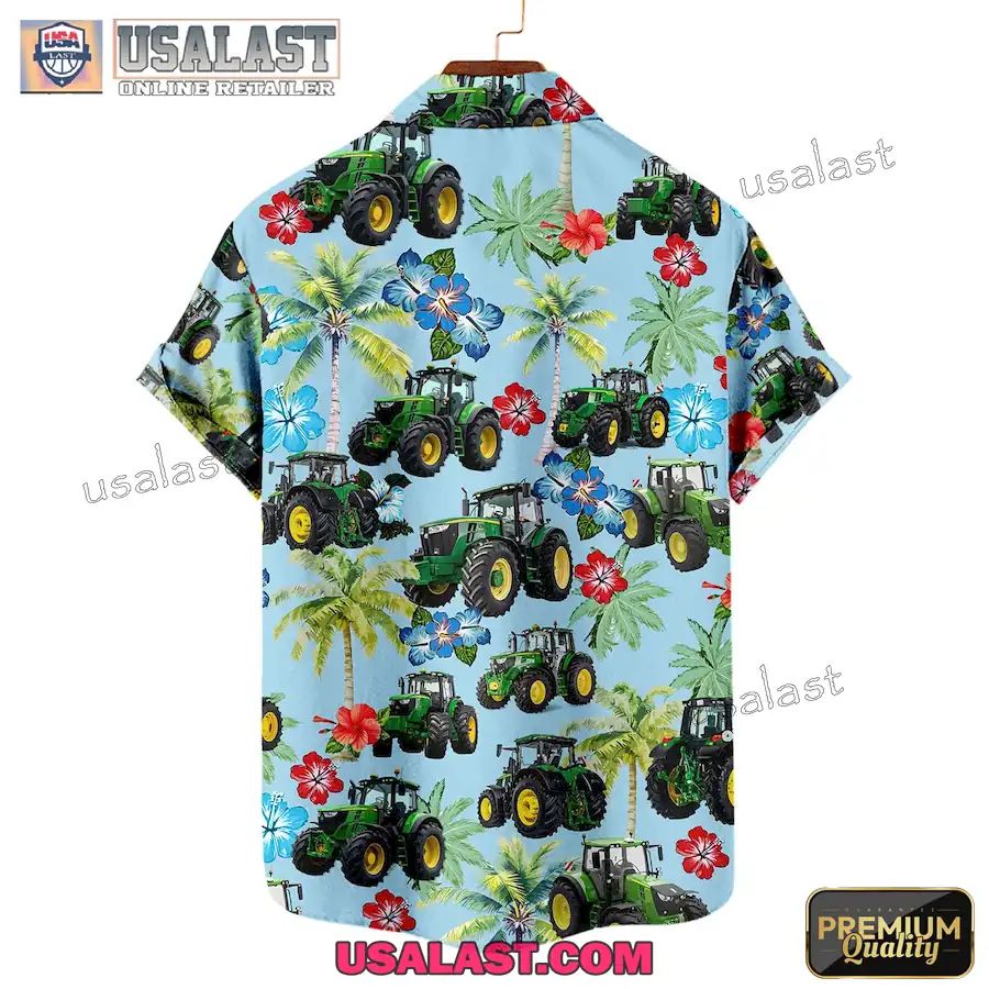Green Tractor Tropical Hibiscus Hawaiian Shirt