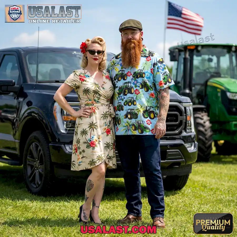 Green Tractor Tropical Hibiscus Hawaiian Shirt