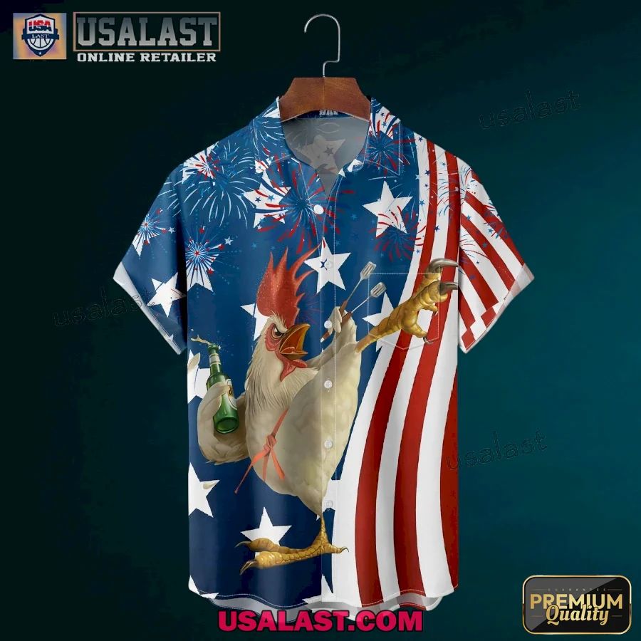 Rooster American Flag Firework Hawaiian Shirt
