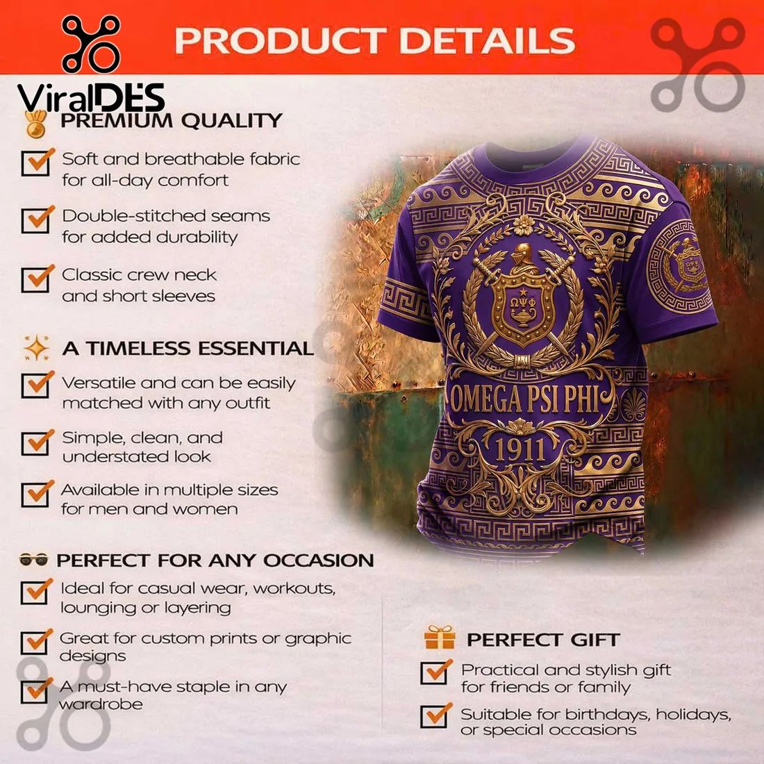 Omega Psi Phi 1911 Gold Greek Key Purple Shirt