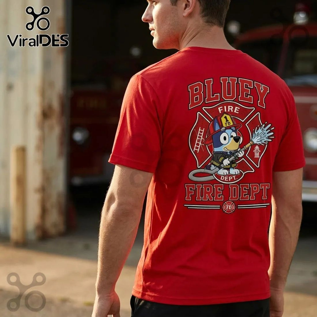 Bluey Fire Department Cartoon Character Graphic T-Shirt