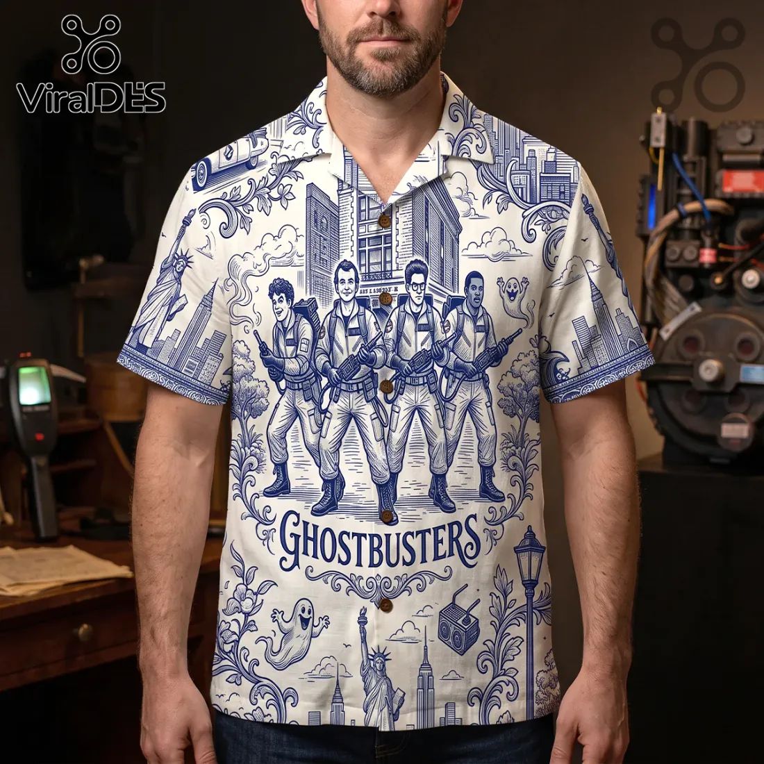 Ghostbusters Toile De Jouy Blue Button Down Shirt