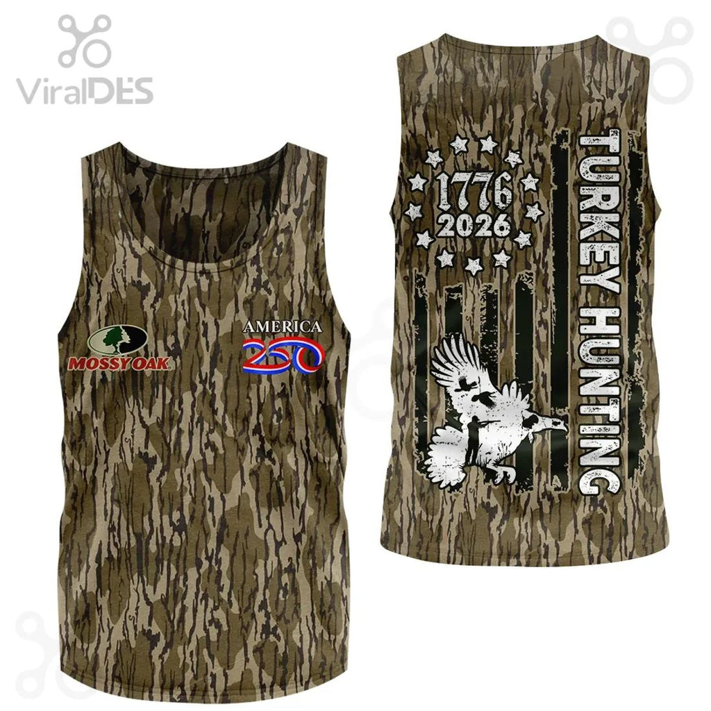 America 250th Anniversary Turkey Hunter Distressed Flag Camouflage T-Shirt