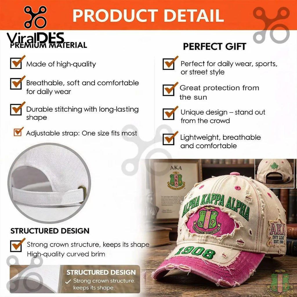 Alpha Kappa Alpha Sorority 1908 Distressed Pink Green Cap
