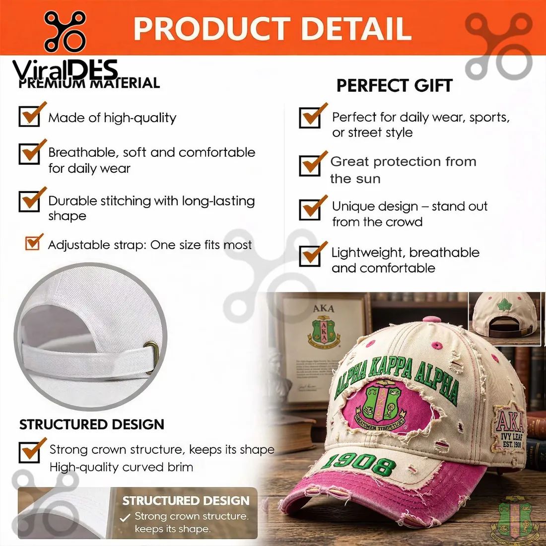 Alpha Kappa Alpha Sorority 1908 Distressed Pink Green Cap