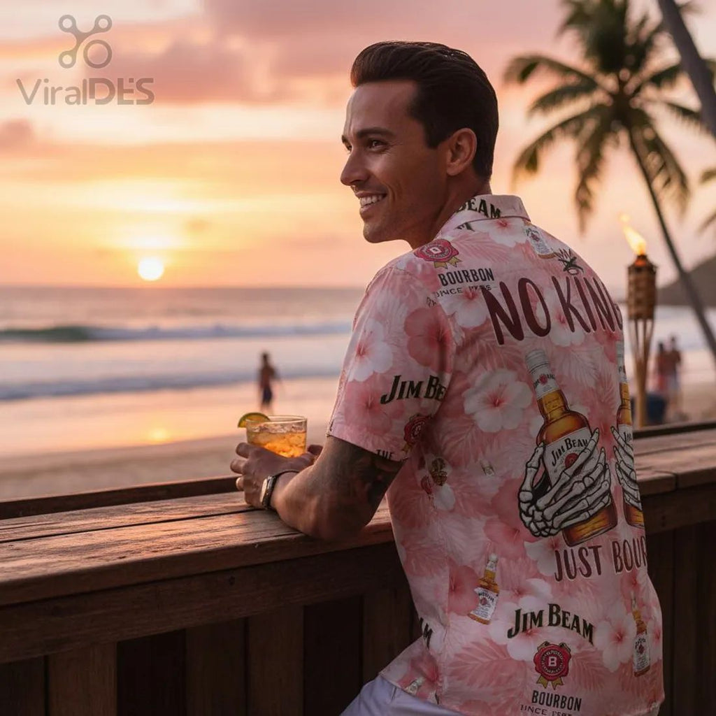Jim Beam No King Just Bourbon Skeleton Hands Hawaiian Shirt