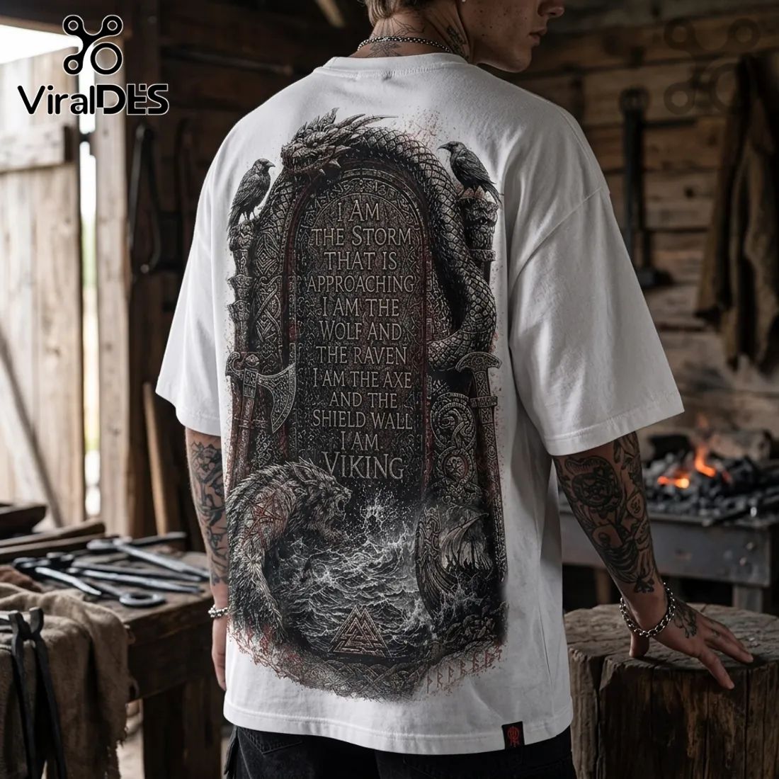 Viking Warrior Raven Wolf White T-Shirt