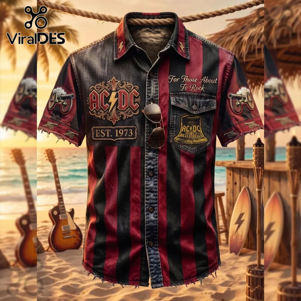 AC/DC Hells Bells For Those About To Rock Striped Hawaiian Shirt