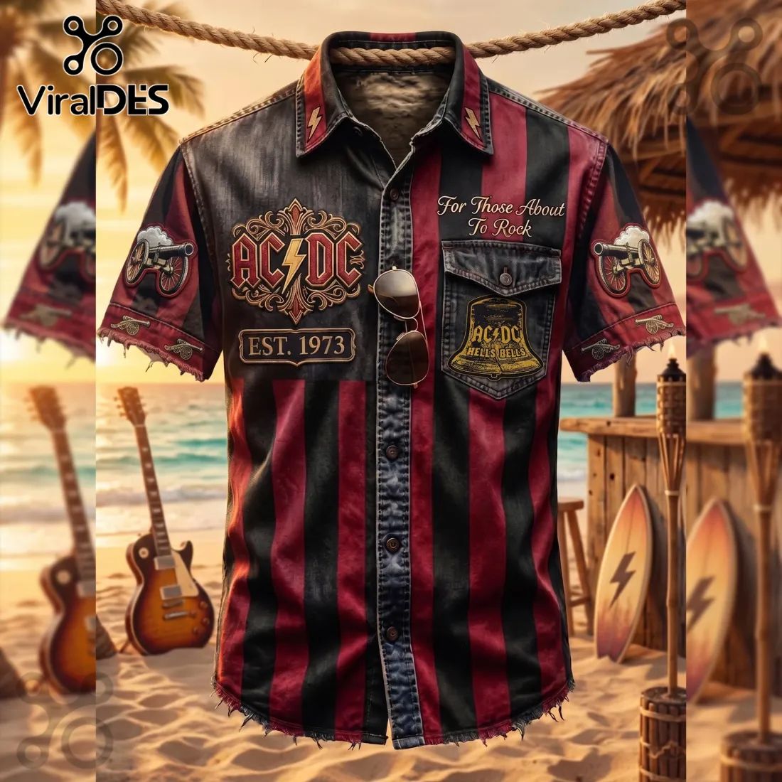 AC/DC Hells Bells For Those About To Rock Striped Hawaiian Shirt