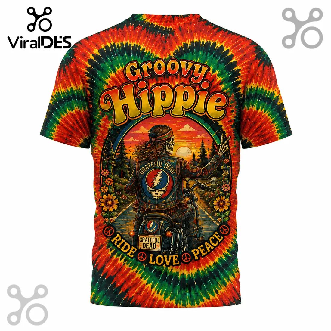 Grateful Dead Psychedelic Skeleton Motorcycle Rider Shirt