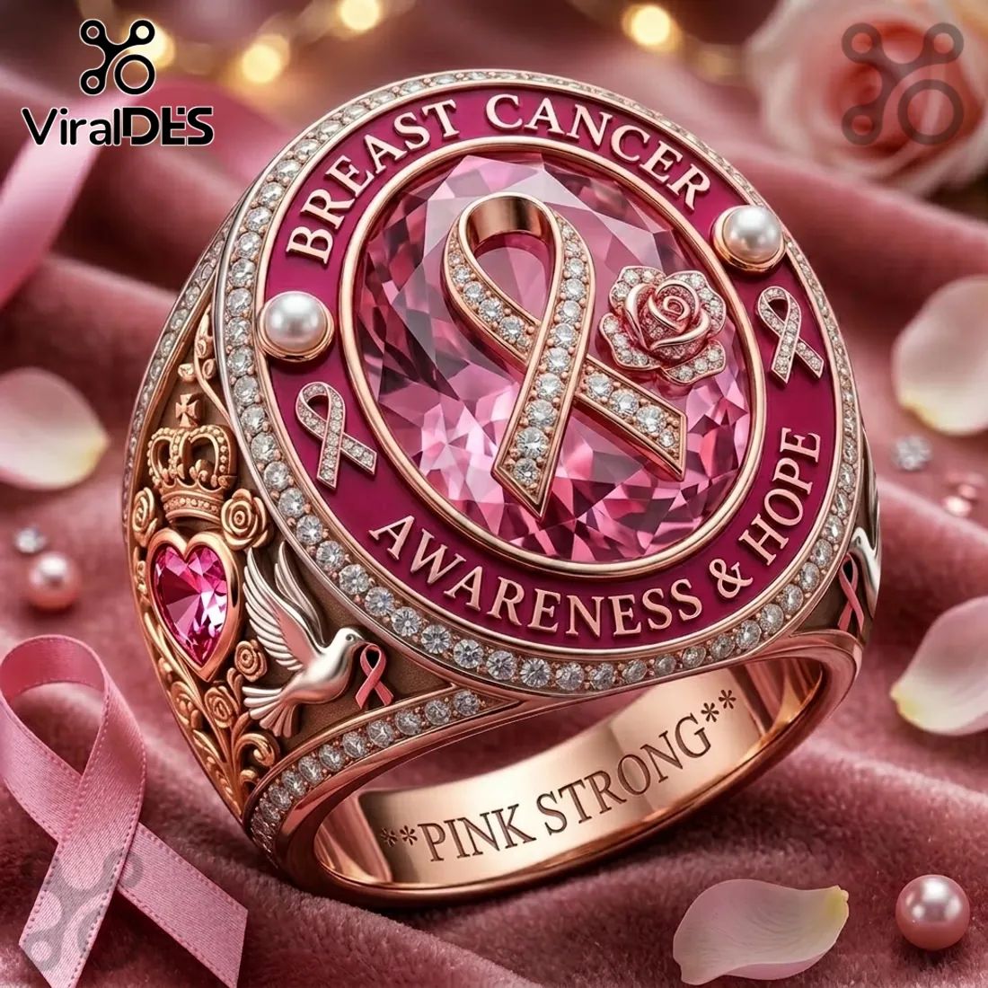 Breast Cancer Awareness Pink Ribbon Hope Diamond Ring