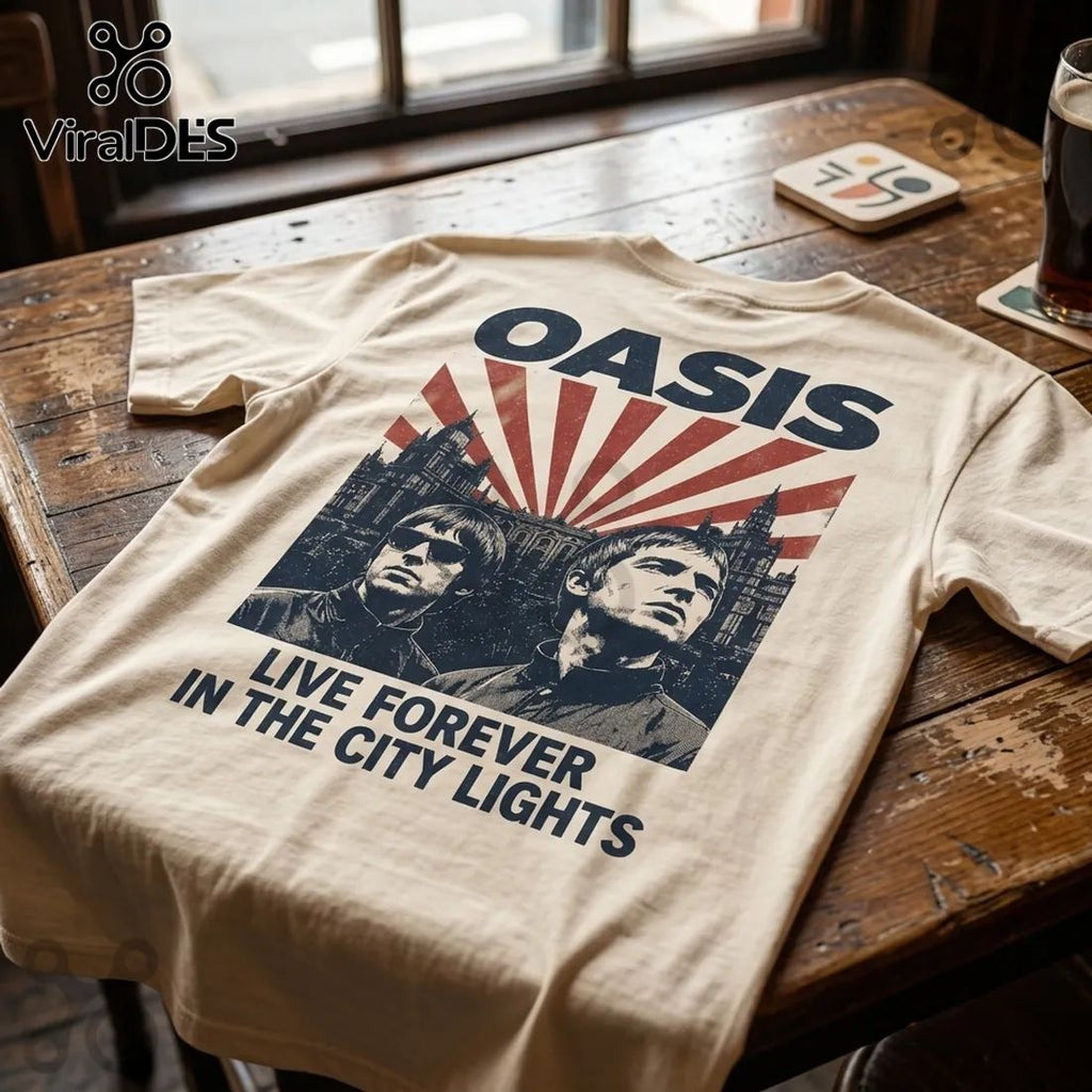 Oasis Band Liam and Noel Gallagher Beige T-Shirt