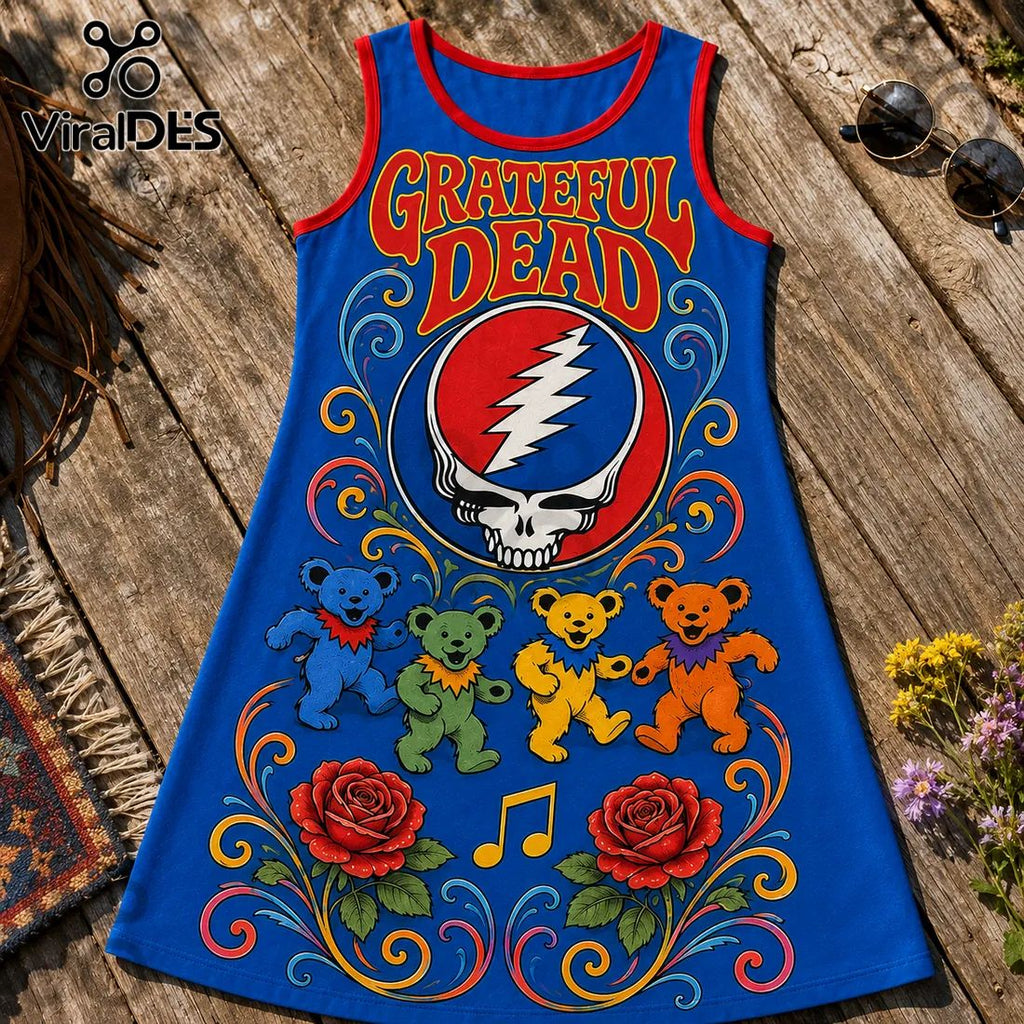 Grateful Dead Dancing Bears Blue Sleeveless Dress