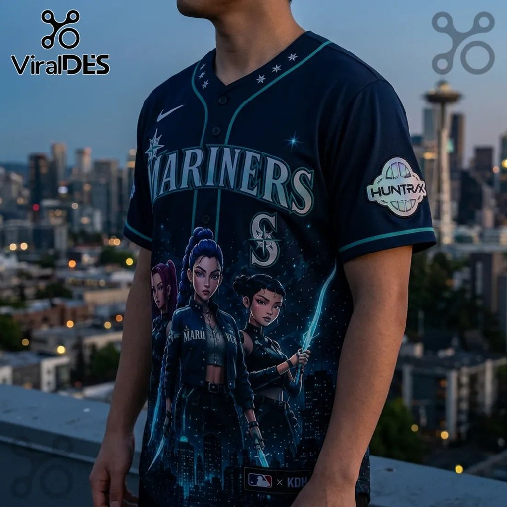 KPop Demon Hunters x Seattle Mariners Navy Baseball Jersey