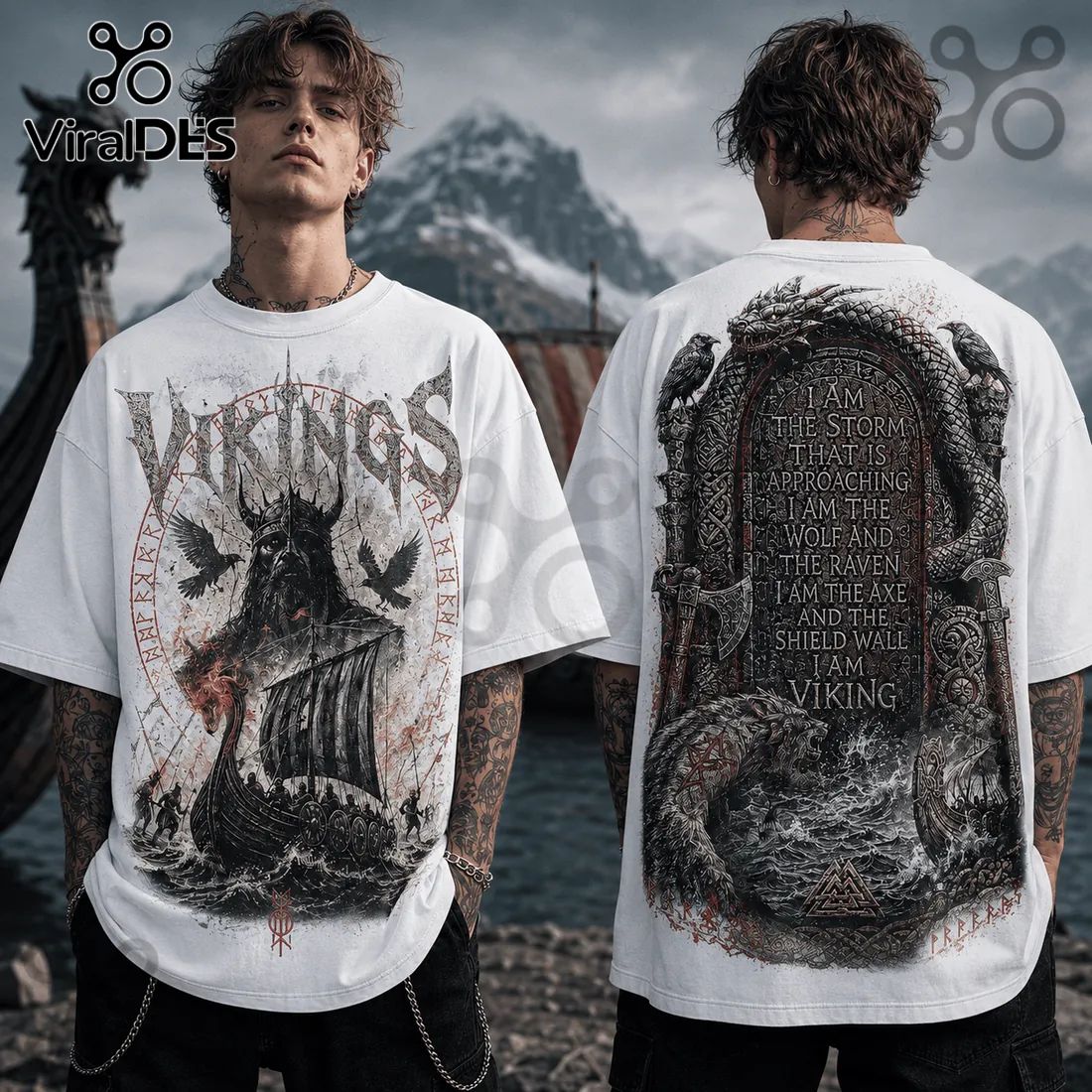 Viking Warrior Raven Wolf White T-Shirt