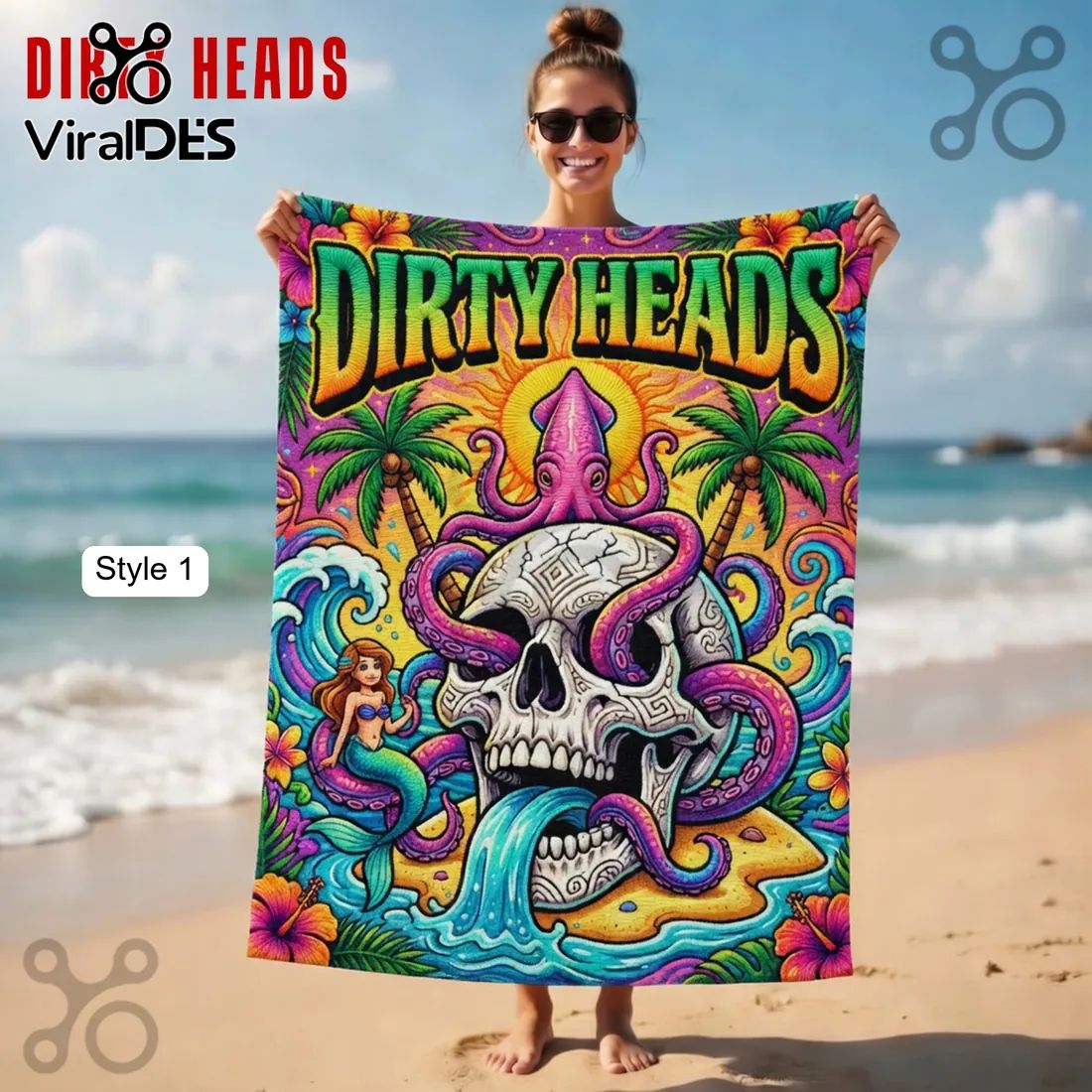 Dirty Heads Psychedelic Skull Octopus Mermaid Vibrant Beach Towel