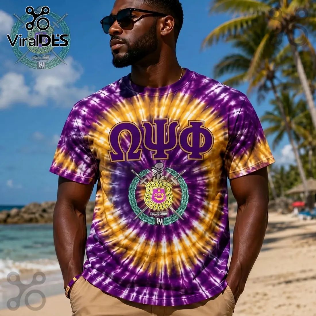 Omega Psi Phi Purple Gold Tie-Dye Fraternity Crest T-Shirt