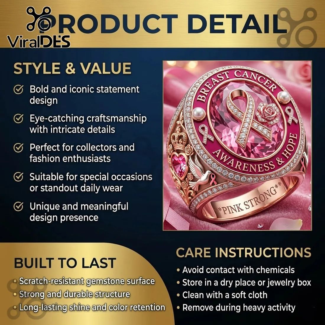 Breast Cancer Awareness Pink Ribbon Hope Diamond Ring