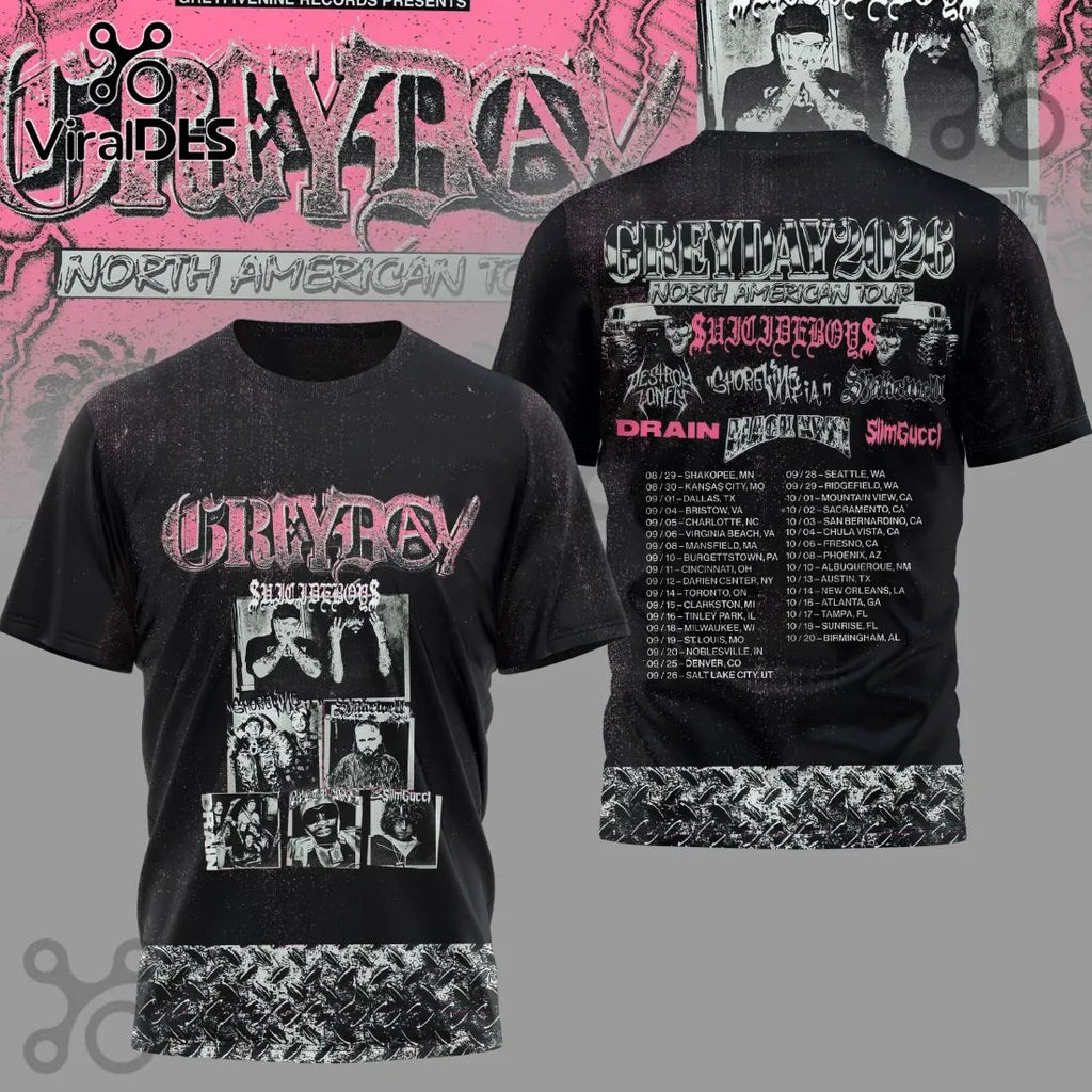 Greyday 2023 $uicideboy$ North American Tour Concert Band Merch Black T-Shirt
