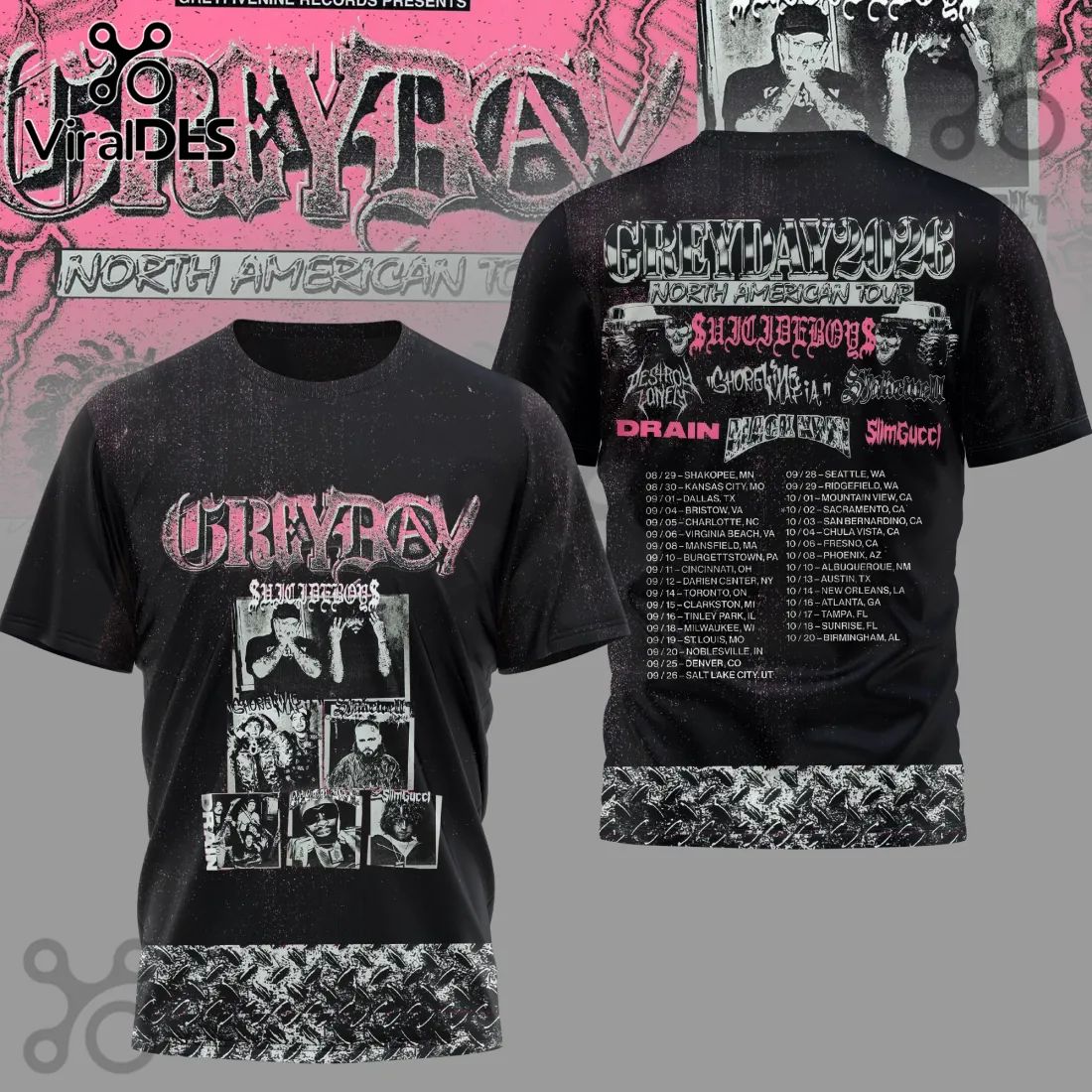 Greyday 2023 $uicideboy$ North American Tour Concert Band Merch Black T-Shirt